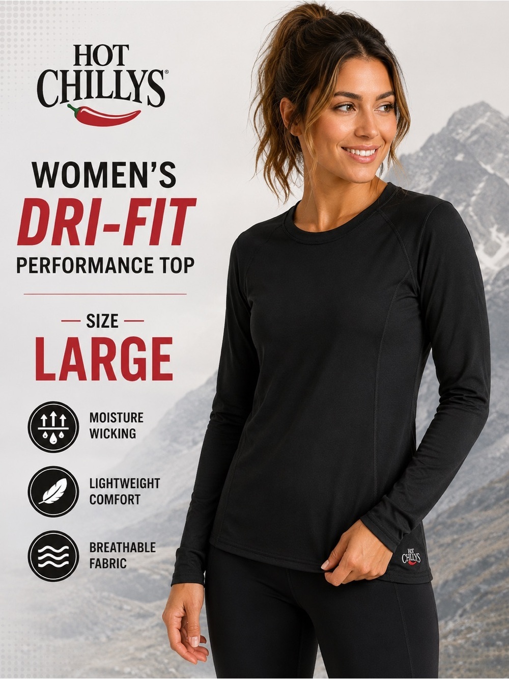 Hot chillys dri fit  Women's Long-Sleeve Crewneck Top in Black LARGE